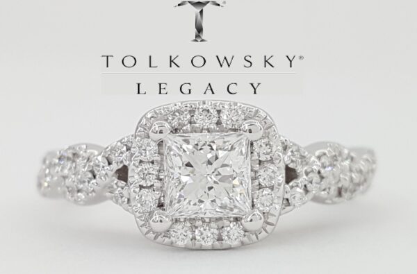 Tolkowsky Princess Cut Diamond Crossover Engagement Ring 0.85 ct 14k White Gold