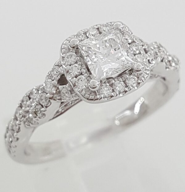 Tolkowsky Princess Cut Diamond Crossover Engagement Ring 0.85 ct 14k White Gold
