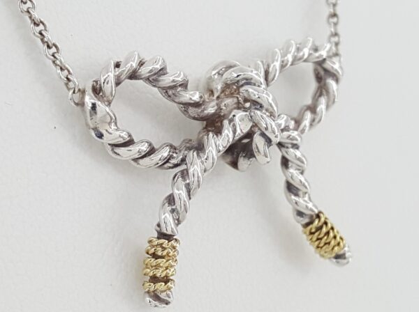 Tiffany & Co Rope Ribbon Bow Pendant Necklace Silver & 18K Gold 18"