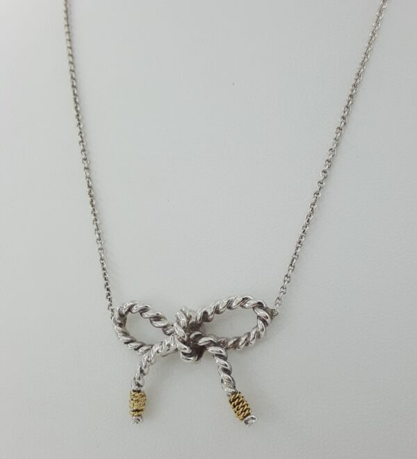 Tiffany & Co Rope Ribbon Bow Pendant Necklace Silver & 18K Gold 18"
