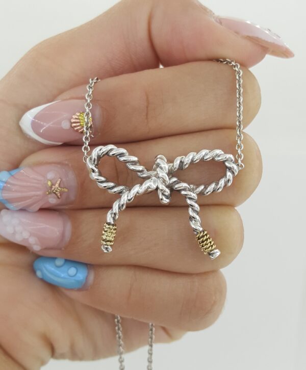 Tiffany & Co Rope Ribbon Bow Pendant Necklace Silver & 18K Gold 18"