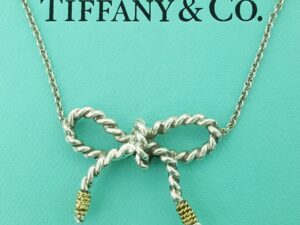 Tiffany & Co Rope Ribbon Bow Pendant Necklace Silver & 18K Gold 18"