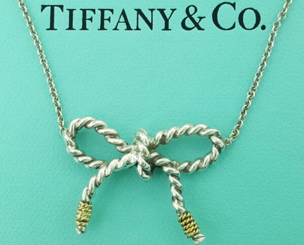 Tiffany & Co Rope Ribbon Bow Pendant Necklace Silver & 18K Gold 18"