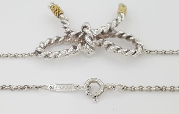 Tiffany & Co Rope Ribbon Bow Pendant Necklace Silver & 18K Gold 18"