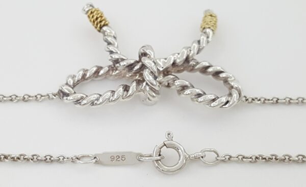 Tiffany & Co Rope Ribbon Bow Pendant Necklace Silver & 18K Gold 18"