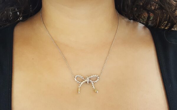 Tiffany & Co Rope Ribbon Bow Pendant Necklace Silver & 18K Gold 18"