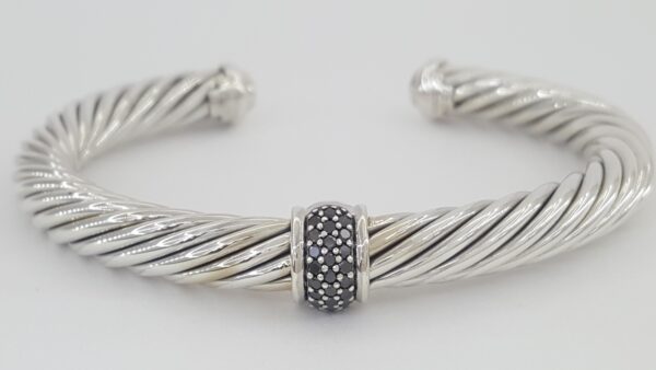 David Yurman Classic Cable Black Diamond Open Cuff Silver Bracelet 7mm 0.22ct
