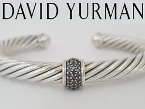 David Yurman Classic Cable Black Diamond Open Cuff Silver Bracelet 7mm 0.22ct