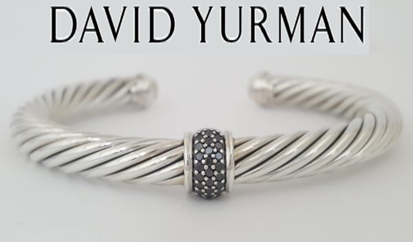 David Yurman Classic Cable Black Diamond Open Cuff Silver Bracelet 7mm 0.22ct