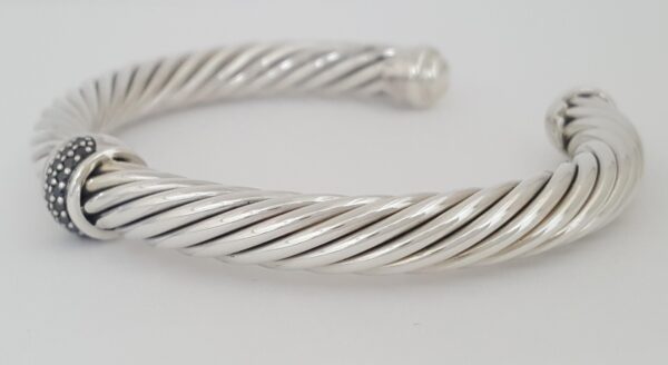 David Yurman Classic Cable Black Diamond Open Cuff Silver Bracelet 7mm 0.22ct