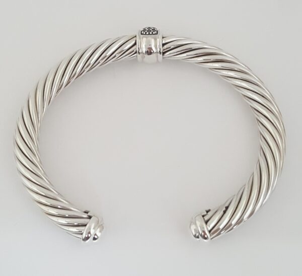 David Yurman Classic Cable Black Diamond Open Cuff Silver Bracelet 7mm 0.22ct