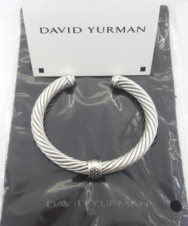 David Yurman Classic Cable Black Diamond Open Cuff Silver Bracelet 7mm 0.22ct