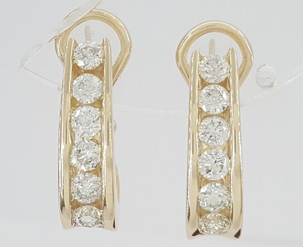 Round Diamond J Hoop Omega Earrings 1.7 ct 14K Yellow Gold 8 Grams