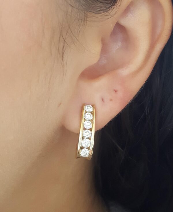 Round Diamond J Hoop Omega Earrings 1.7 ct 14K Yellow Gold 8 Grams