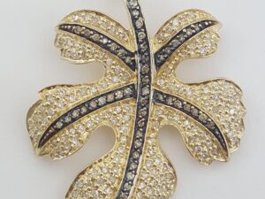 White Champagne Diamond Leaf Pendant 1 ct 1.65" 14K Yellow Gold