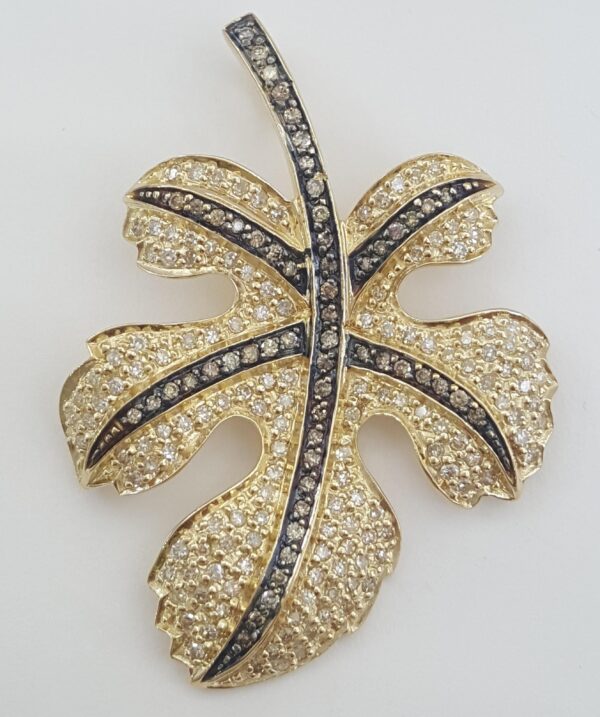 White Champagne Diamond Leaf Pendant 1 ct 1.65" 14K Yellow Gold