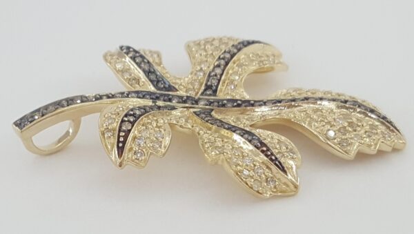 White Champagne Diamond Leaf Pendant 1 ct 1.65" 14K Yellow Gold