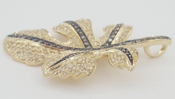 White Champagne Diamond Leaf Pendant 1 ct 1.65" 14K Yellow Gold