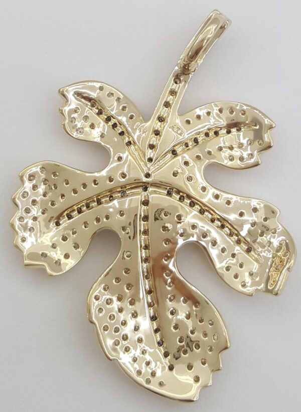 White Champagne Diamond Leaf Pendant 1 ct 1.65" 14K Yellow Gold