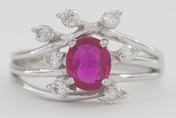 Oval Ruby & Round Diamond Statement / Engagement Ring 0.9 ct Platinum