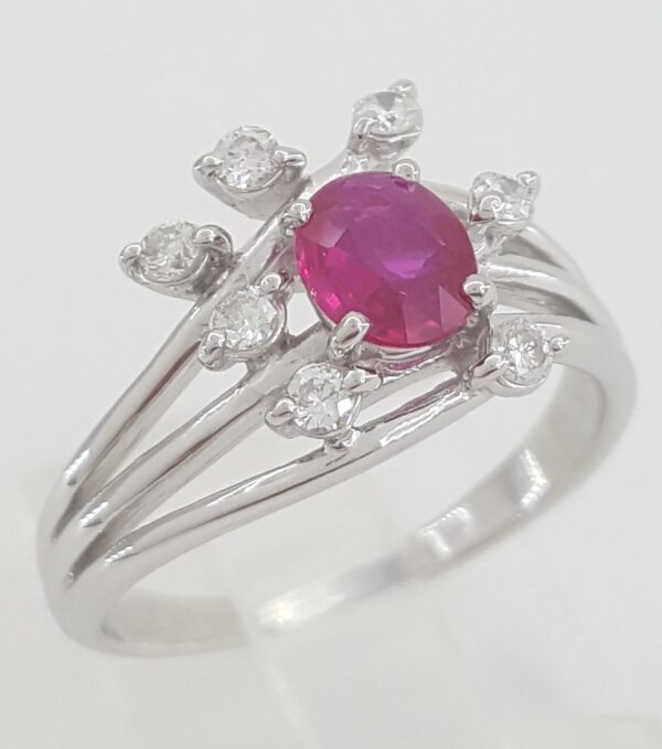 Oval Ruby & Round Diamond Statement / Engagement Ring 0.9 ct Platinum