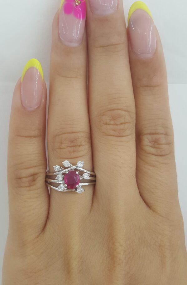 Oval Ruby & Round Diamond Statement / Engagement Ring 0.9 ct Platinum