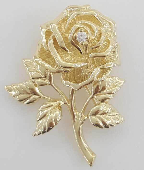 Vintage Tiffany & Co Diamond Rose Flower Brooch Pin 14k Yellow Gold 1.4” 1970s