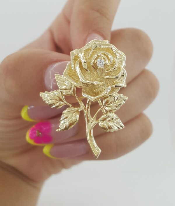 Vintage Tiffany & Co Diamond Rose Flower Brooch Pin 14k Yellow Gold 1.4” 1970s