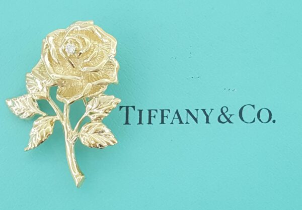 Vintage Tiffany & Co Diamond Rose Flower Brooch Pin 14k Yellow Gold 1.4” 1970s