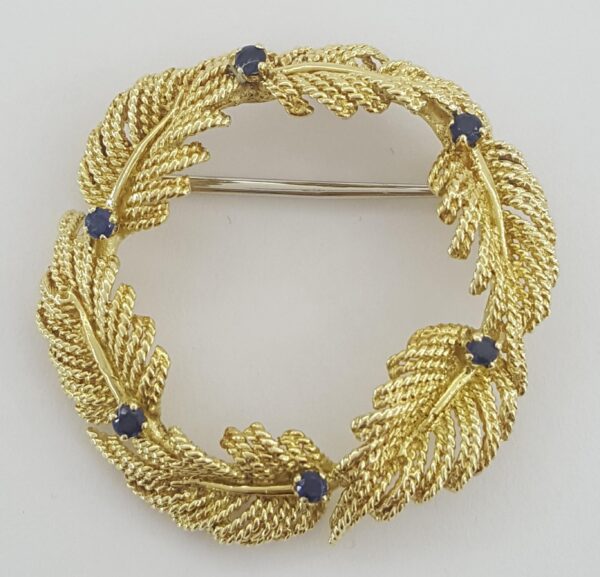 Vintage Tiffany & Co Yellow Gold Sapphire Leaf Brooch 18K 1.4" 10 Grams