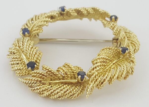 Vintage Tiffany & Co Yellow Gold Sapphire Leaf Brooch 18K 1.4" 10 Grams