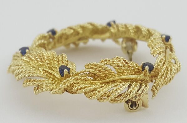Vintage Tiffany & Co Yellow Gold Sapphire Leaf Brooch 18K 1.4" 10 Grams