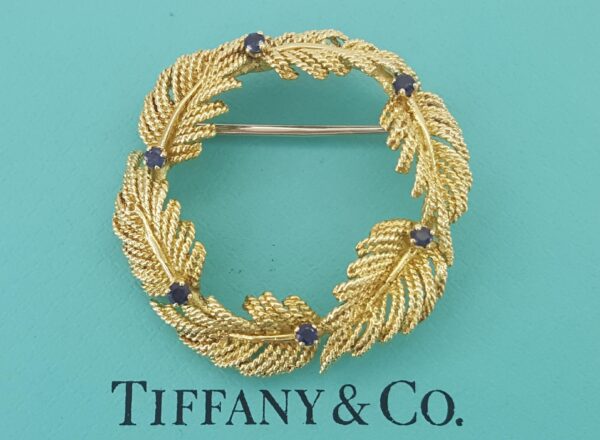 Vintage Tiffany & Co Yellow Gold Sapphire Leaf Brooch 18K 1.4" 10 Grams