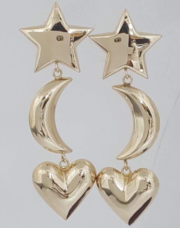Carla Star Moon Heart Dangle Earrings 14K Yellow Gold 5.6 Grams 2.22"