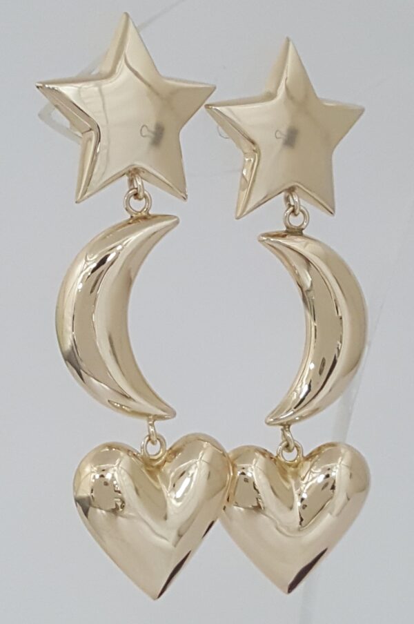 Carla Star Moon Heart Dangle Earrings 14K Yellow Gold 5.6 Grams 2.22"