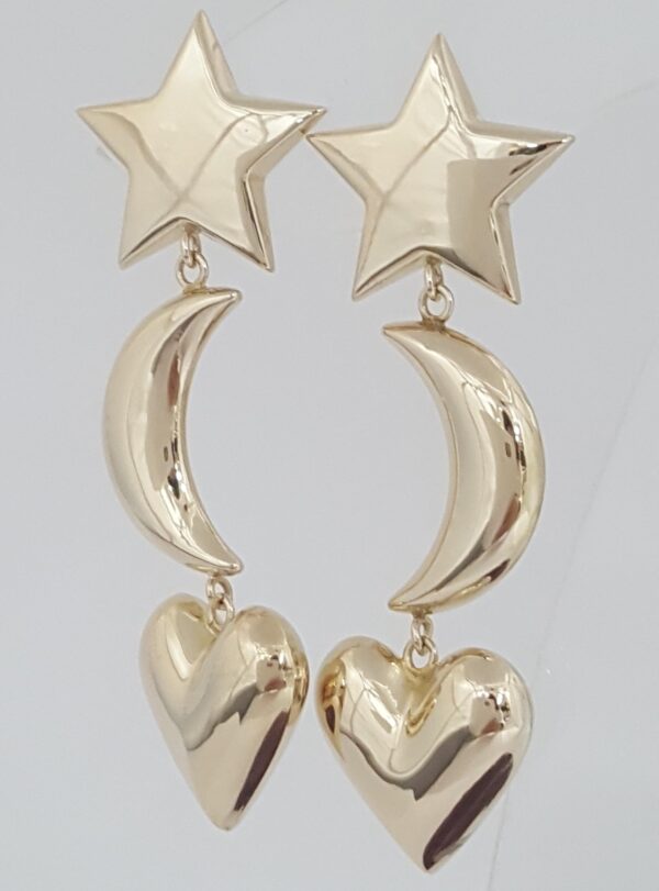 Carla Star Moon Heart Dangle Earrings 14K Yellow Gold 5.6 Grams 2.22"