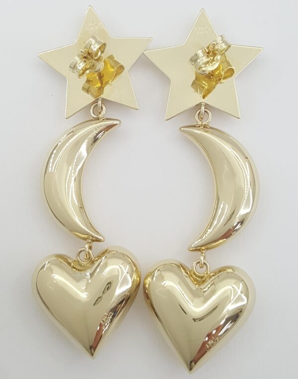 Carla Star Moon Heart Dangle Earrings 14K Yellow Gold 5.6 Grams 2.22"