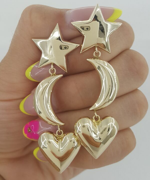 Carla Star Moon Heart Dangle Earrings 14K Yellow Gold 5.6 Grams 2.22"