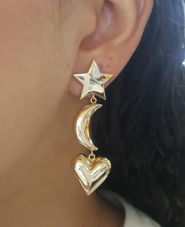 Carla Star Moon Heart Dangle Earrings 14K Yellow Gold 5.6 Grams 2.22"