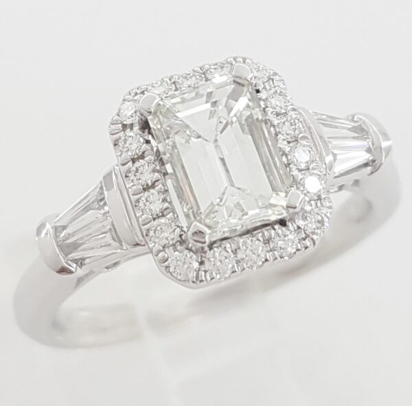 Emerald Cut Diamond Halo Engagement Ring 1.08 ct Platinum