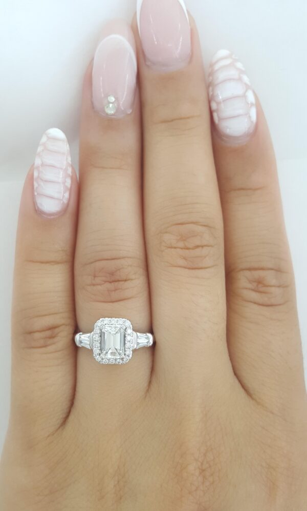 Emerald Cut Diamond Halo Engagement Ring 1.08 ct Platinum