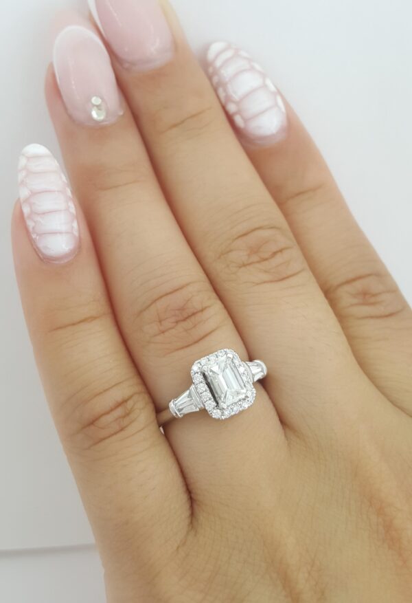 Emerald Cut Diamond Halo Engagement Ring 1.08 ct Platinum