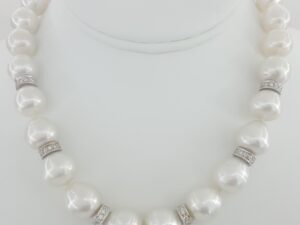 South Sea Pearl Diamond Choker Necklace 1.5 ct 16.5" 18k White Gold