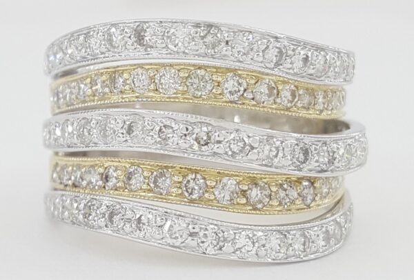 Five Row Round Diamond Statement Ring 1.5 ct 14K White & Yellow Gold