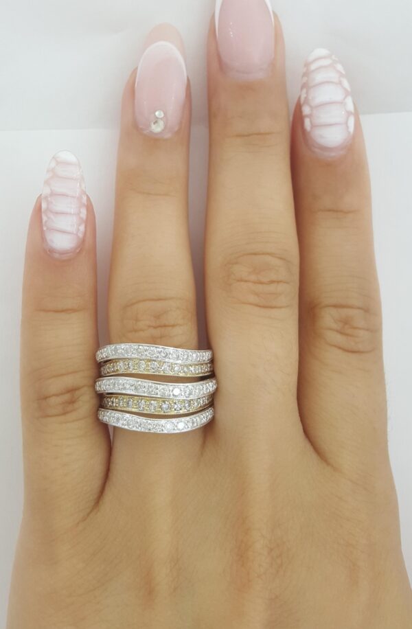 Five Row Round Diamond Statement Ring 1.5 ct 14K White & Yellow Gold
