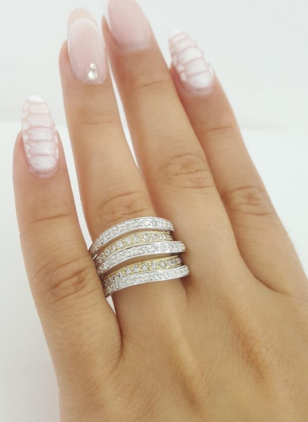 Five Row Round Diamond Statement Ring 1.5 ct 14K White & Yellow Gold