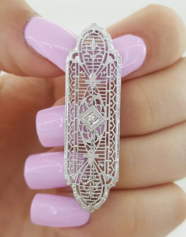 Antique Art Deco Diamond Brooch 10k White Gold 1.65"