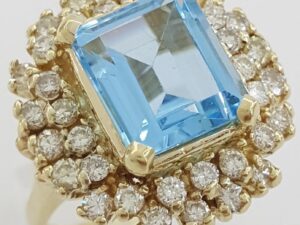 Emerald Cut Blue Topaz Diamond Halo Statement Ring 1.25 ct 14k Yellow Gold