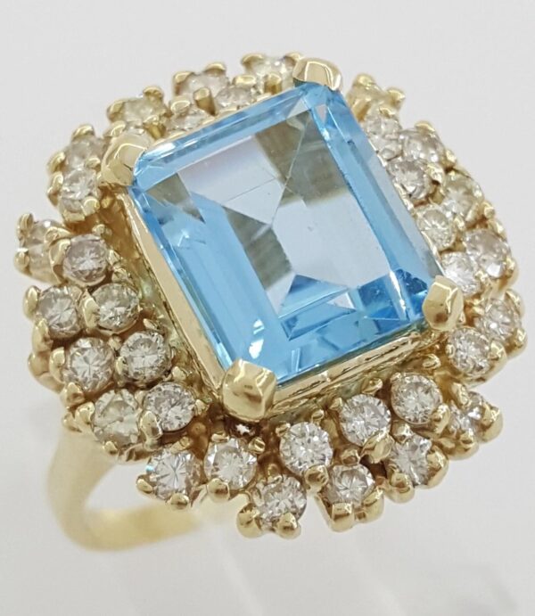 Emerald Cut Blue Topaz Diamond Halo Statement Ring 1.25 ct 14k Yellow Gold