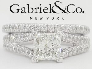 Gabriel & Co. Princess Cut Shank-Split Diamond Engagement Ring Set 1.65 ct 14k